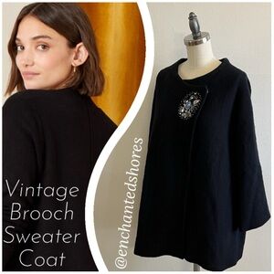 Vintage Brooch Cardigan Sweater Coat Black Knit Silver Rhinestone Flower Size 2X